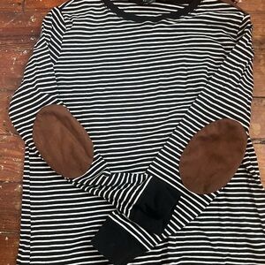 Lauren Ralph Lauren Black and White Striped Shirt with Brown Leather Logo Patch